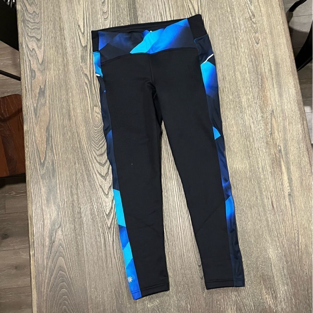 Athleta Womens Power Lift Tight Fleece Lined High Rise Printed Black Blue Size L